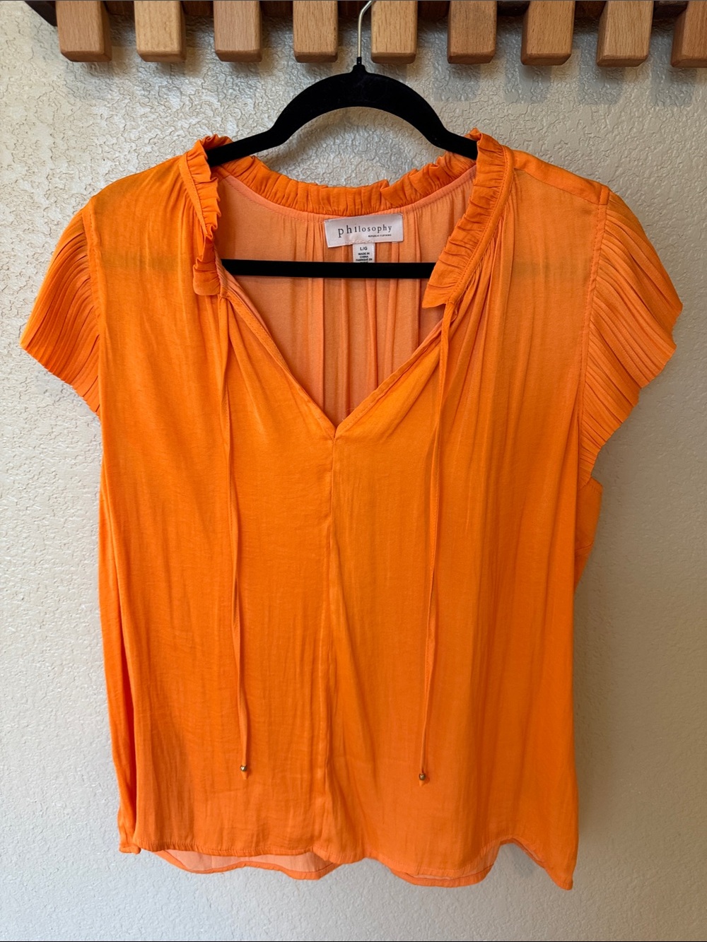 Philosophy Bright Orange V-Neck Short Sleeve Blouse with Neck Ties
